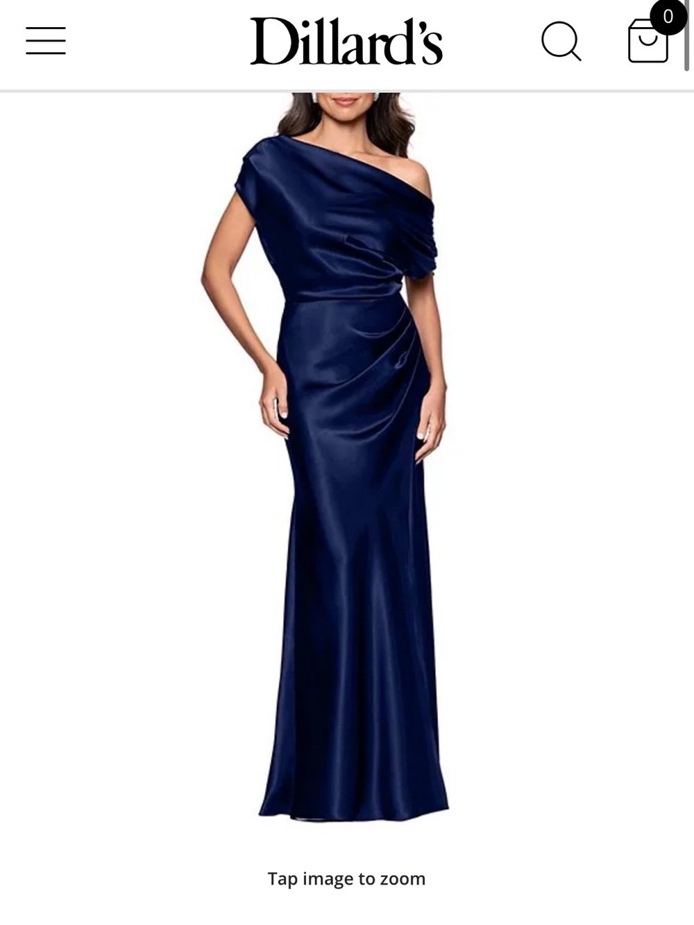 Betsy & Adam One-Shoulder Navy Satin Evening Gown